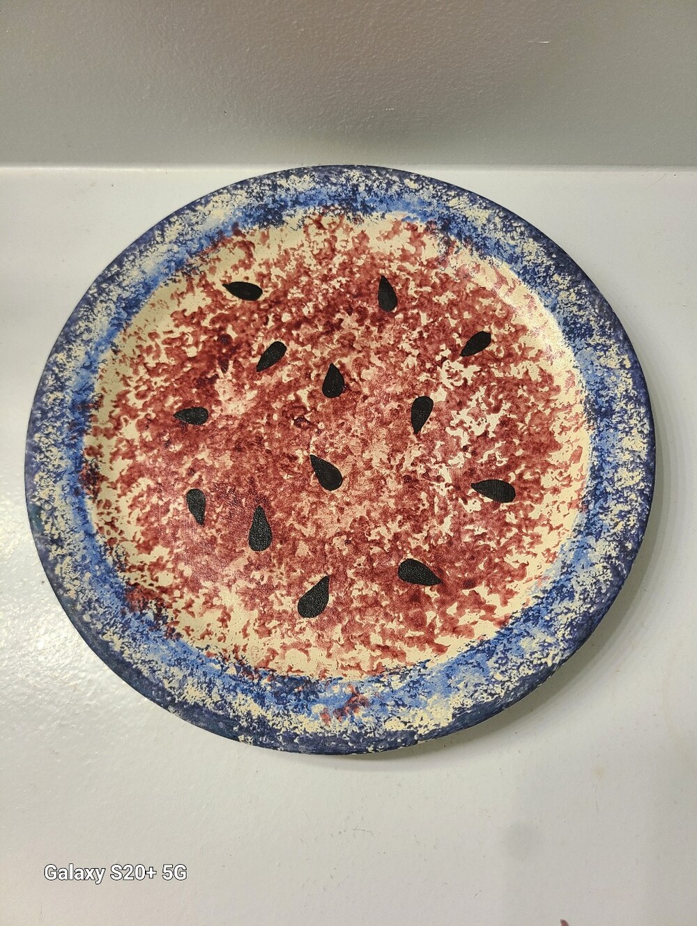 Vintage Hand Painted Watermelon Ceramic Seed 8" Plate Country Blue/Red